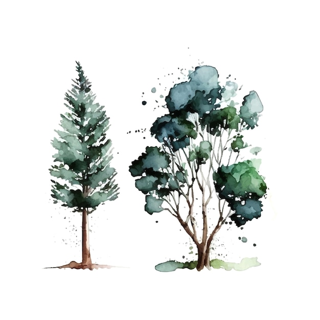 Acuarela árbol mano dibujar vector naturaleza pintura