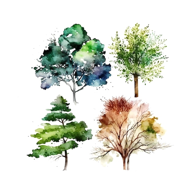 Acuarela árbol mano dibujar vector naturaleza pintura