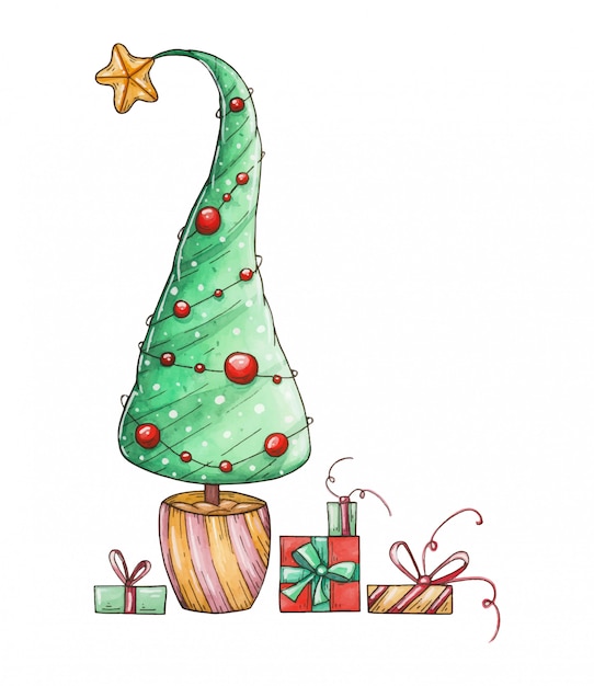 Acuarela árbol de Navidad y regalos. Dibujado a mano ilustración de Navidad