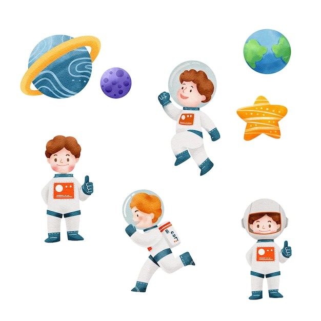 Acuarela astronauta niños niños astronautas divertido cohete dibujos animados conjunto ilustración vector