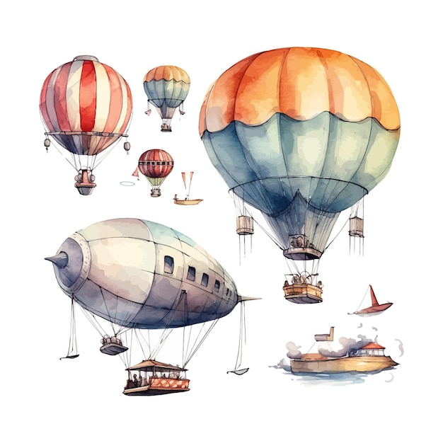 Acuarela aviones dirigible globo helicóptero clipart