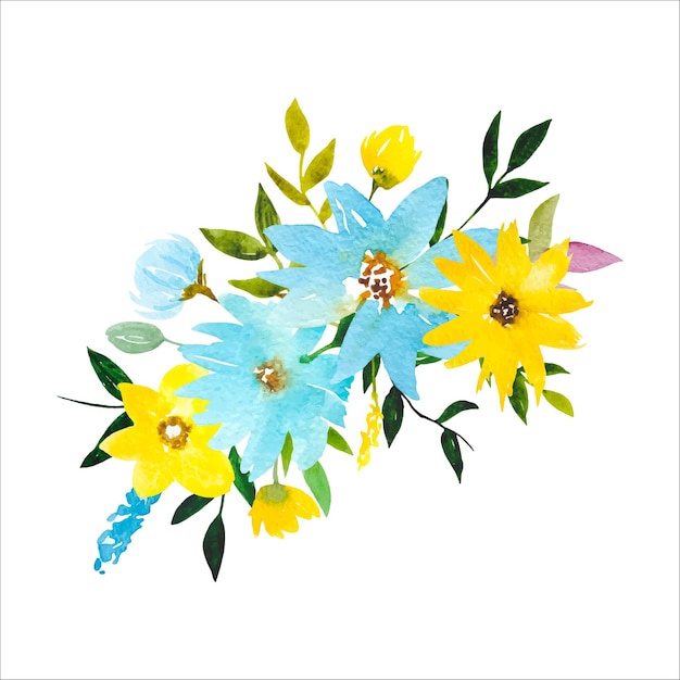 Acuarela azul amarilla Flor Clipart Arreglo floral con hojas de flores