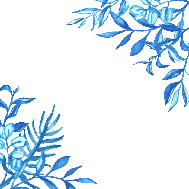 Acuarela azul deja marco cuadrado para tarjeta o invitaciones. Ilustración aislada de vector de ramo de vegetación dibujado a mano.