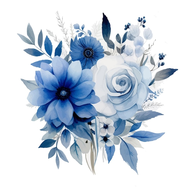 Acuarela azul hojas y arreglo floral clipart