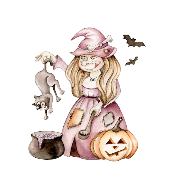 Acuarela, bruja, con, gato, murciélagos, pumpkin., halloween, illustration., caricatura, character., creativo, concepto