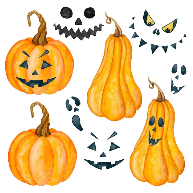 Acuarela calabazas de Halloween y caras espeluznantes imágenes prediseñadas ilustración sobre fondo blanco