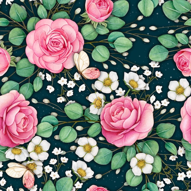 Acuarela de camelias dibujadas a mano y flores blancas con patrón sin costuras