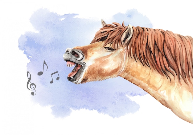 Acuarela cantando caballo con nota musical