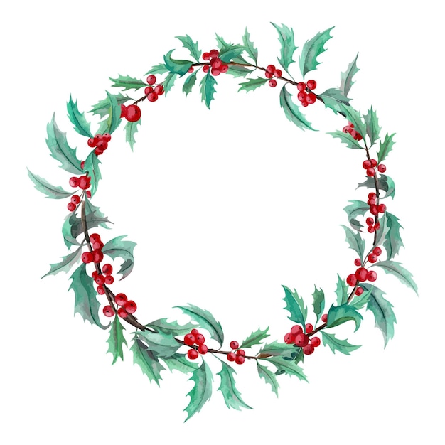 Acuarela christmas holly wreath circle frame con bayas rojas y hojas verdes borde botánico dibujado a mano sobre fondo blanco aislado para tarjetas de felicitación o invitaciones de boda