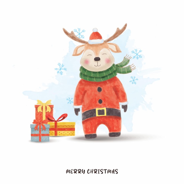Acuarela ciervo santa con regalos feliz Navidad