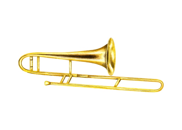 Acuarela clásica brillante trombón ilustración clip art pintado a mano instrumento musical metálico dorado vista lateral Elemento para tarjeta de felicitación de orquesta niños pegatinas de diseño de lección de música