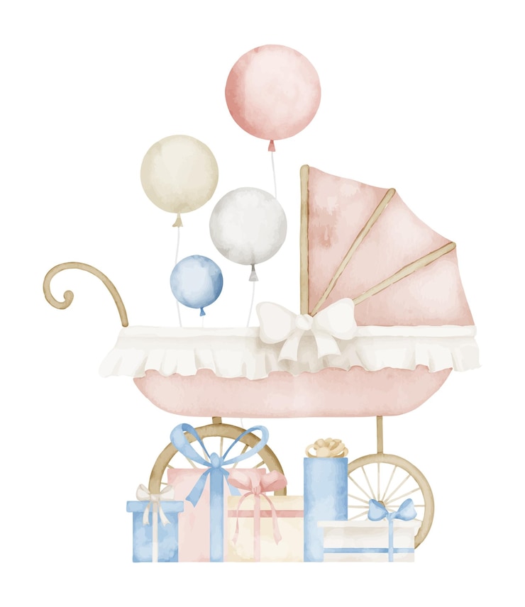 Vector acuarela cochecito con globos y regalos en estilo vintage cocheco para niños retro invitación para la ducha de bebé o tarjetas de felicitación de cumpleaños cochecito para niños colores pastel rosado y beige