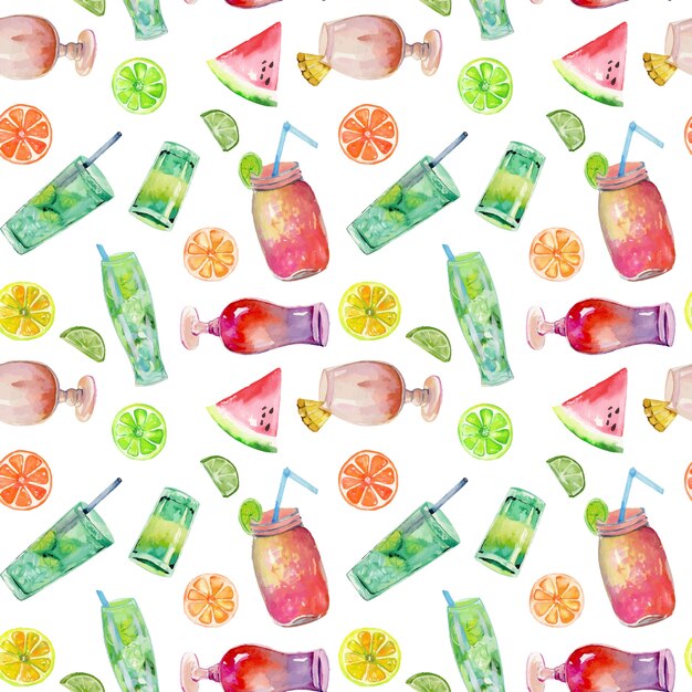 Acuarela de cócteles y frutas de patrones sin fisuras