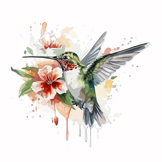 acuarela colibrí y flor