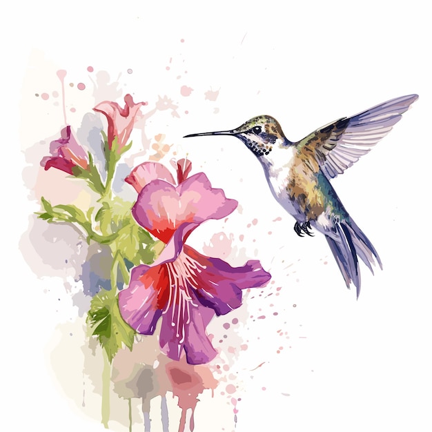 Acuarela colibrí y flor