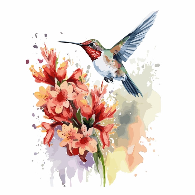 acuarela colibrí y flor