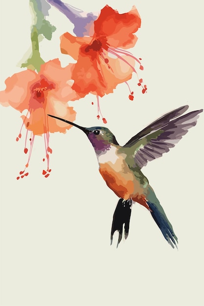 acuarela colibrí y flor