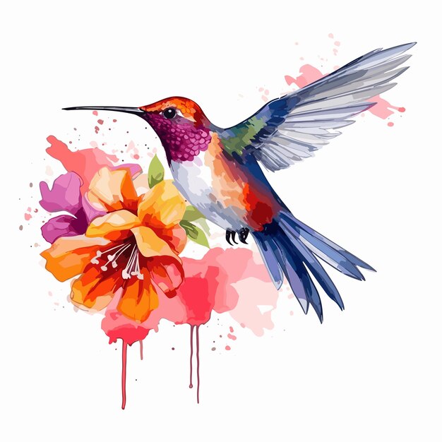 acuarela colibrí y flor