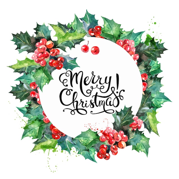 Acuarela colorida decoración de saludo corona de Navidad con acebo tarjeta de feliz año nuevo ilustración vectorial