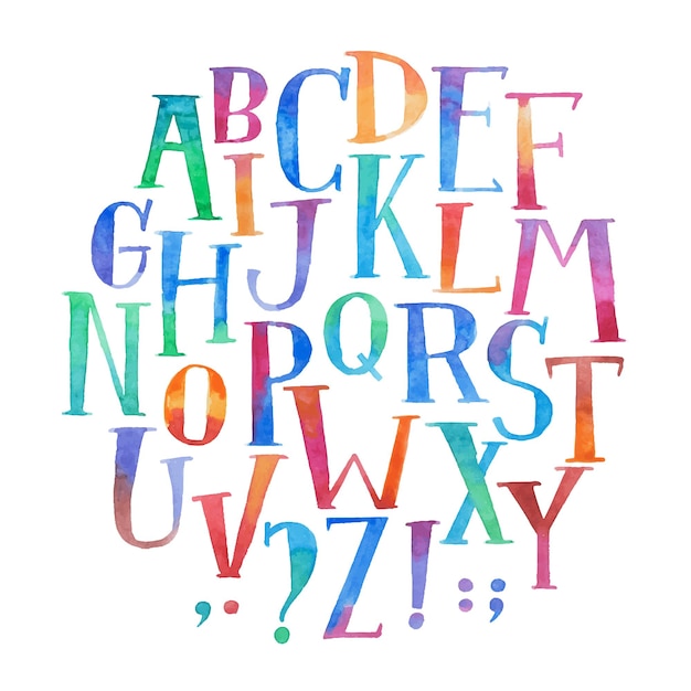 Acuarela colorida tipo de letra escrita a mano dibujado a mano letras del alfabeto abc