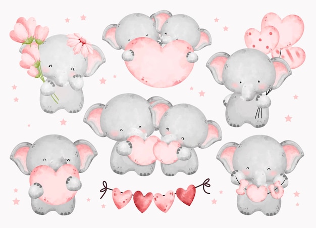 Vector acuarela conjunto de amor pareja elefante