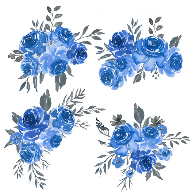 Vector acuarela conjunto de arreglos florales marco azul
