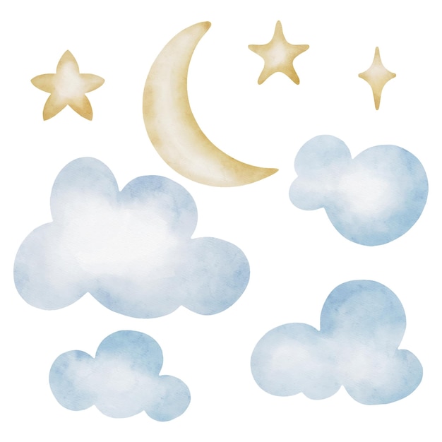 Acuarela conjunto de bebé niños ilustración luna estrellas y nubes