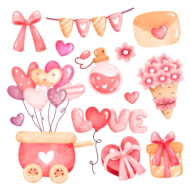 Acuarela conjunto de elementos para el día de San Valentín