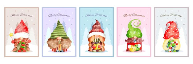 Acuarela conjunto de gnomo de tarjeta de Navidad