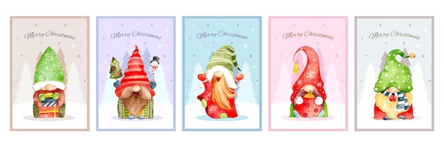 Acuarela conjunto de gnomo de tarjeta de Navidad