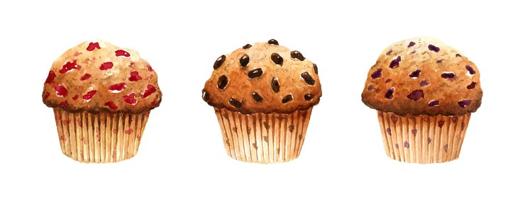 Vector acuarela conjunto de muffins frescos con cerezas, chocolate y arándanos.