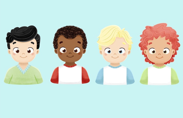 Vector acuarela conjunto de personajes de niños.