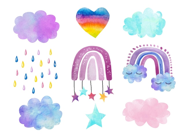 Vector acuarela conjunto pintado a mano lindo arco iris con nubes y pestañas. nubes de diferentes colores, gotas de lluvia y estrellas. elaboración de logotipos, textiles infantiles, estampados.