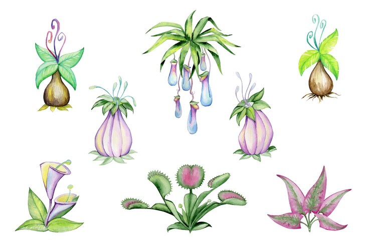 Vector acuarela conjunto de plantas exóticas. depredadores de plantas, papamoscas venus, rocío solar.