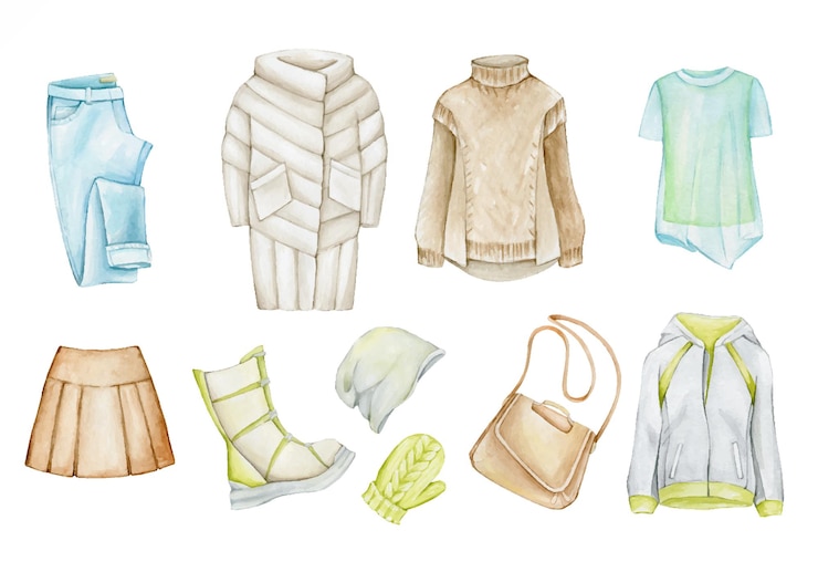 Vector acuarela conjunto de ropa de invierno, zapatos y accesorios, sobre un fondo aislado.