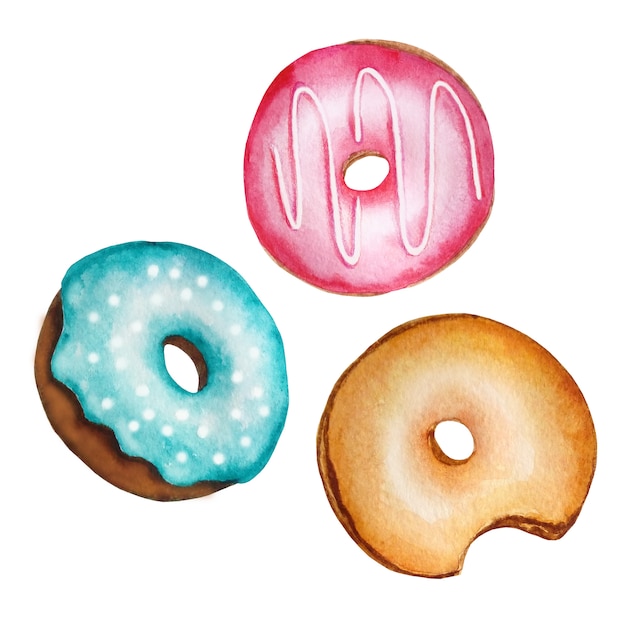 Acuarela conjunto de tres rosquillas redondas de diferentes colores sobre un fondo blanco dibujado a mano