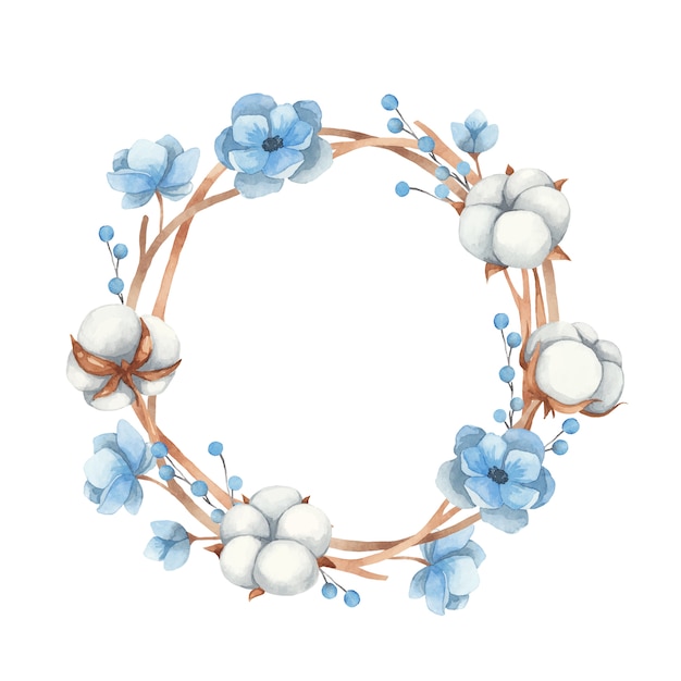 Acuarela corona de flores de algodón, ramitas y flores de anémona azul. Ilustración vectorial