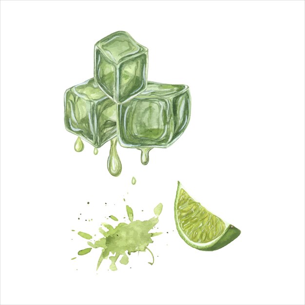 Acuarela derritiendo jugo de limón cubos de hielo rebanadas de limón Ilustración botánica de ingredientes de mojito para tarjetas postales de fiestas de cócteles en el menú