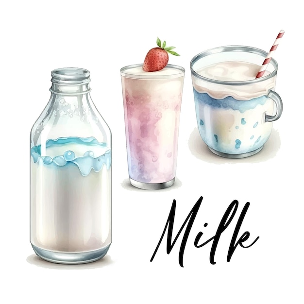 Acuarela desayuno leche botella mano dibujar vector