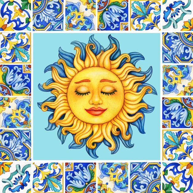 Vector acuarela dibujada a mano azulejos italianos coloridos y cara de sol