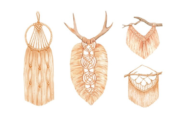Vector acuarela dibujada a mano boho macrame conjunto aislado vector ilustración