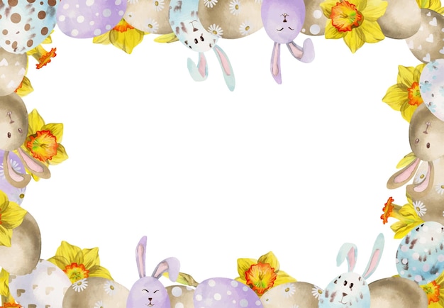 Acuarela dibujada a mano celebración de pascua clipart marco de borde con huevos hojas conejitos flores de narciso aislado sobre fondo blanco para invitaciones regalos tarjetas de felicitación impresión textil