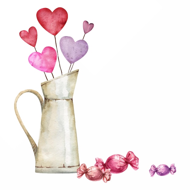 Acuarela dibujada a mano composición ramo de corazones en jarra y bombones para el día de San Valentín Aislado sobre fondo blanco Diseño para papel amor tarjetas de felicitación textil impresión papel pintado boda