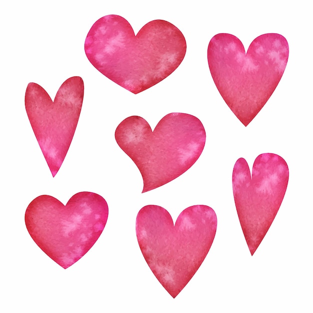 Acuarela dibujada a mano conjunto de objetos corazones rosas rojos texturizados para el día de San Valentín Aislado sobre fondo blanco Diseño para papel amor tarjetas de felicitación textil impresión papel tapiz boda