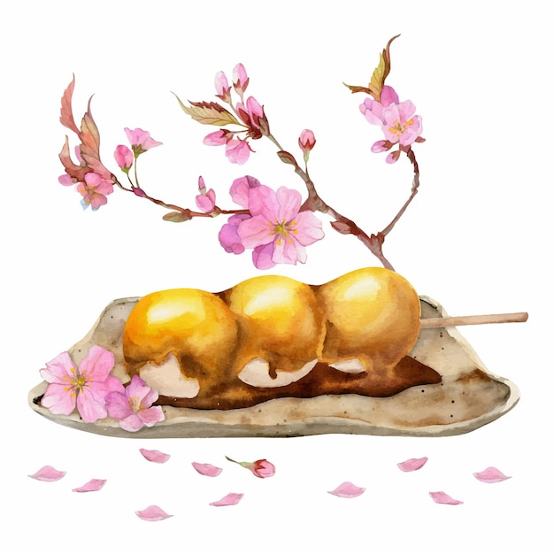 Acuarela dibujada a mano dulces japoneses tradicionales Plato de cerámica mitarashi dango sakura flor Aislado sobre fondo blanco Diseño para invitaciones restaurante menú tarjetas de felicitación impresión textil
