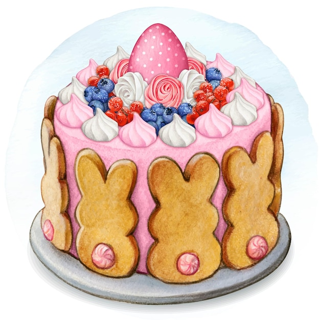 Acuarela dibujada a mano lindo pastel festivo de pascua con frutas y galletas de conejo