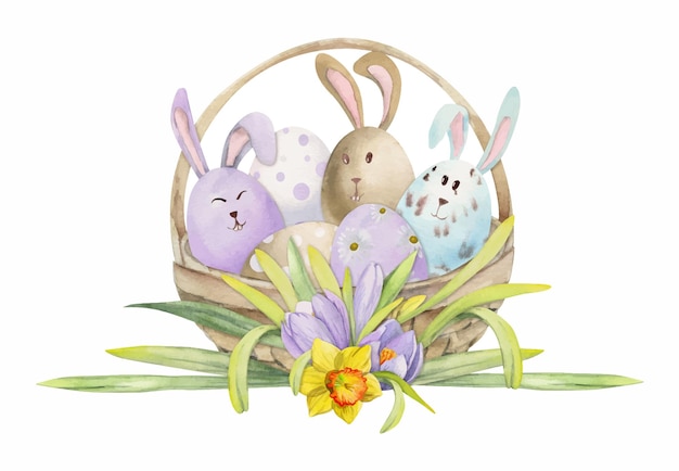 Acuarela dibujada a mano Pascua celebración clipart Cesta de huevos pastel pintados conejitos flores de primavera Aislado sobre fondo blanco Diseño para invitaciones regalos tarjetas de felicitación impresión textil