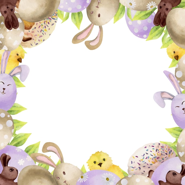 Acuarela dibujada a mano Pascua celebración clipart Círculo corona con huevos conejitos pollo primavera hojas Aislado sobre fondo blanco Diseño para invitaciones regalos tarjetas de felicitación impresión textil
