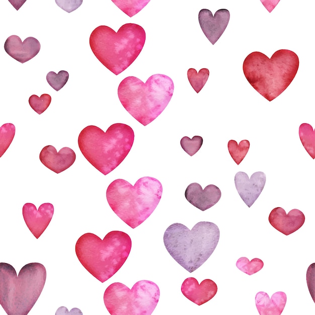 Acuarela dibujada a mano de patrones sin fisuras de corazones rojos y morados para el día de San Valentín Aislado sobre fondo blanco Diseño para papel amor tarjetas de felicitación textil impresión papel tapiz boda