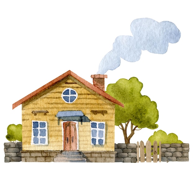Acuarela dibujada a mano vector vintage Casa con árbol y valla Ilustración de linda casita sobre fondo blanco aislado